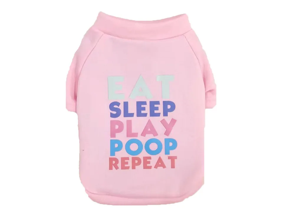 Pink dog sweater with the text 'EAT SLEEP PLAY POOP REPEAT' printed on it.