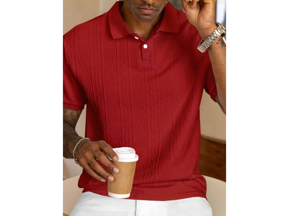 A man wearing a red short-sleeve jacquard knit polo shirt.