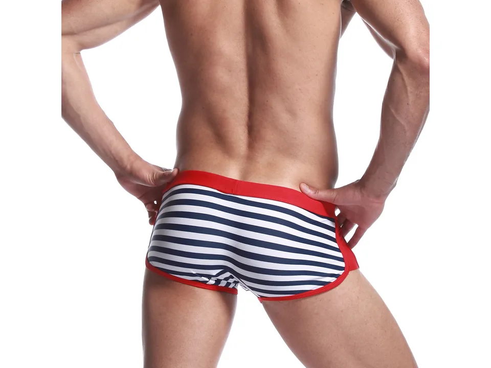 Back view of men's striped swim shorts.