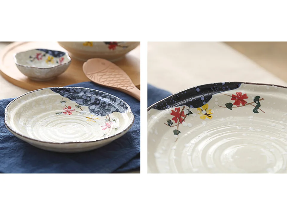 Close-up of the ceramic plate showing the floral pattern and rim detail.