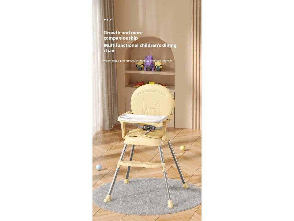 The baby high chair standing in a room.