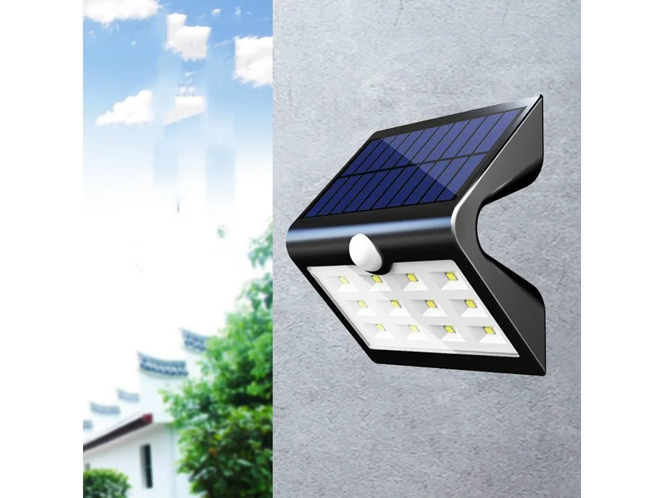Close-up of the solar-powered LED wall light with motion sensor.