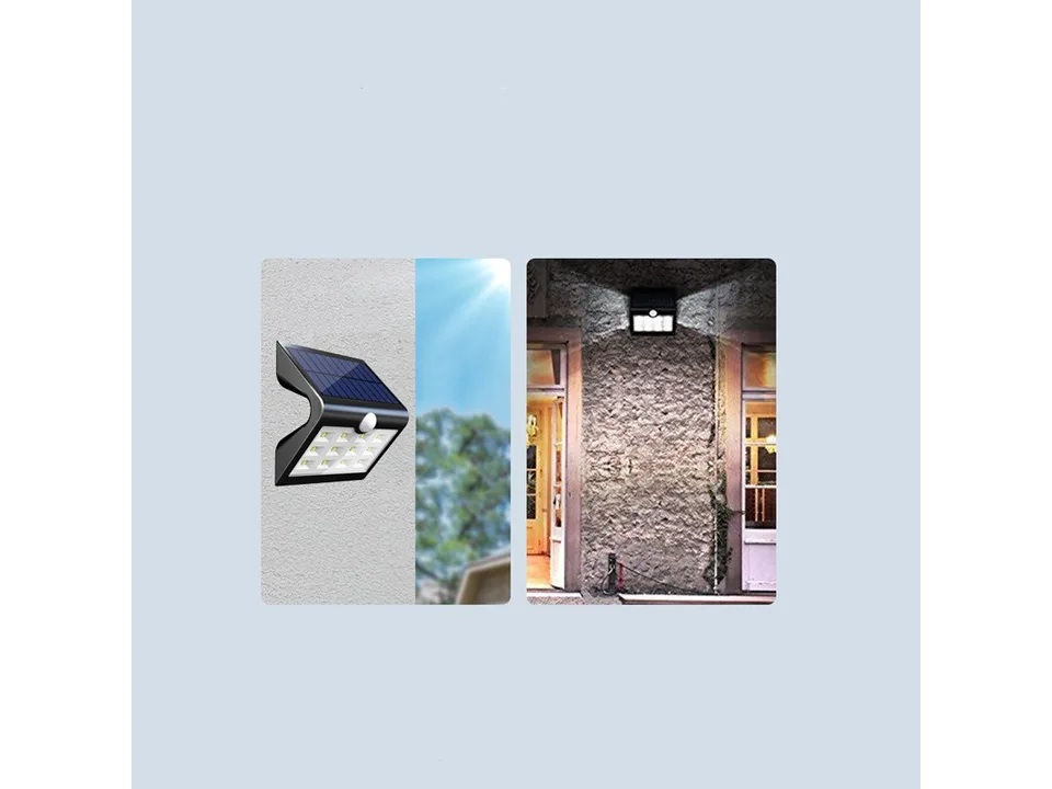 Solar LED wall light installed on an outdoor wall, shown in daylight and illuminated at night.