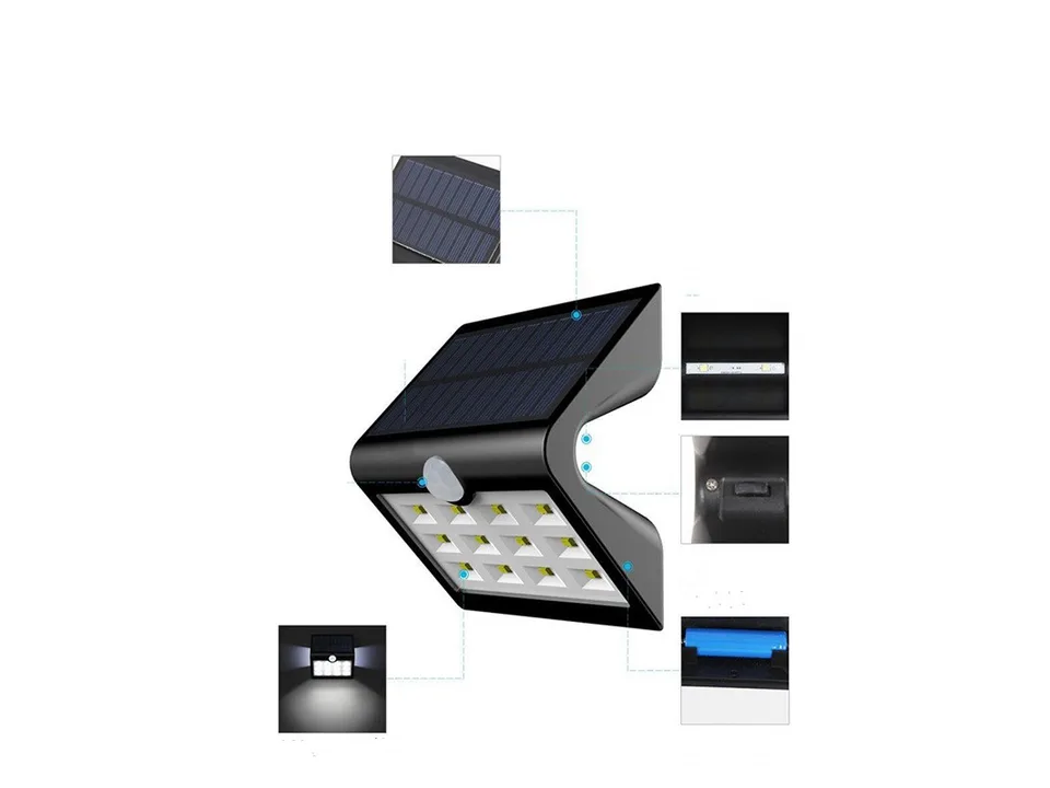 Diagram of the solar light highlighting the solar panel, LED array, motion sensor, and internal battery.