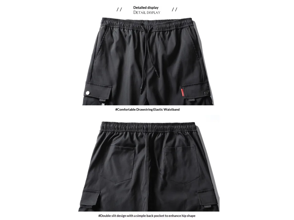 Close-up of the drawstring waistband and back pockets of the cargo pants.
