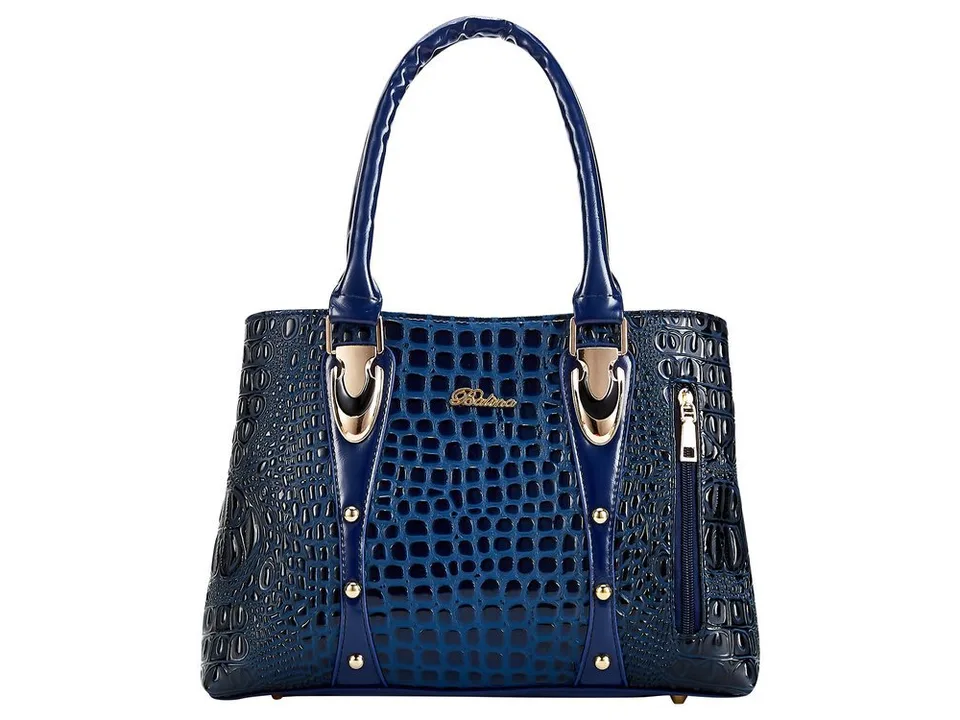 Blue crocodile pattern tote bag with gold hardware and side zipper.