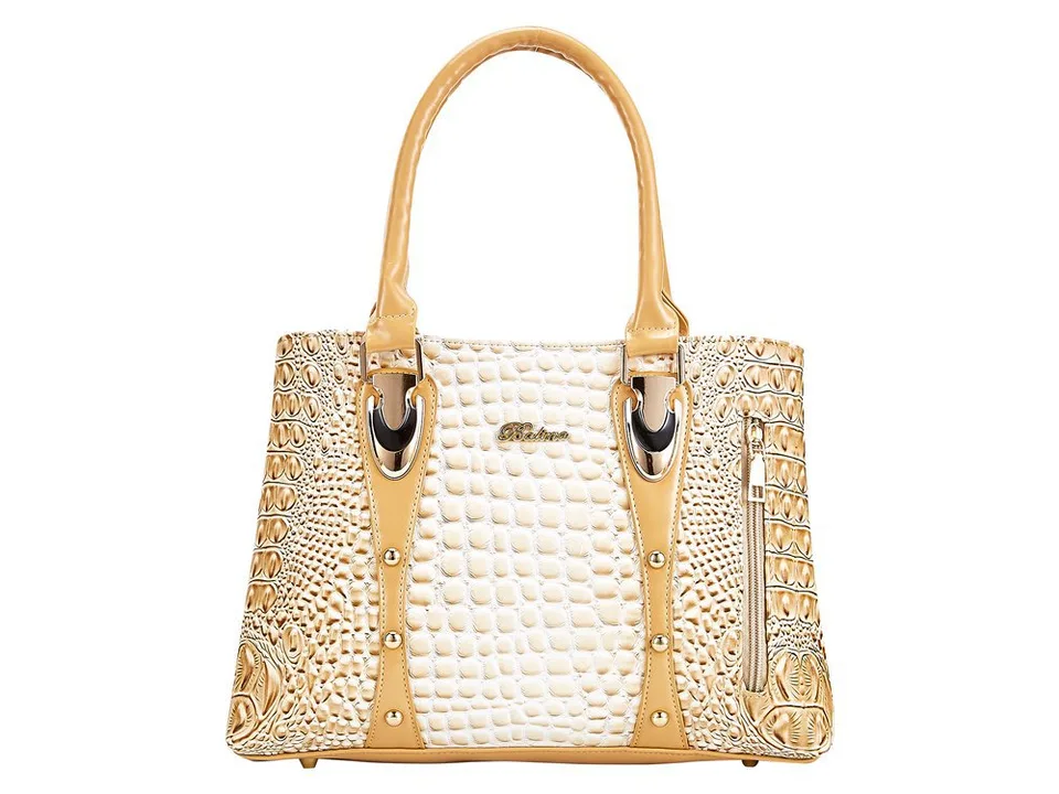 Beige crocodile pattern tote bag with gold hardware and side zipper.
