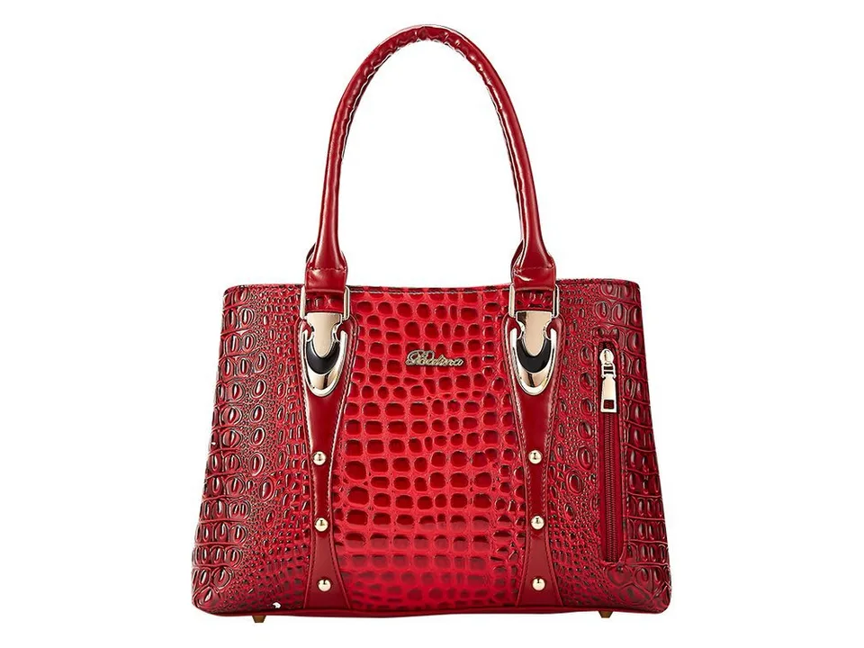 Red crocodile pattern tote bag with gold hardware and side zipper.