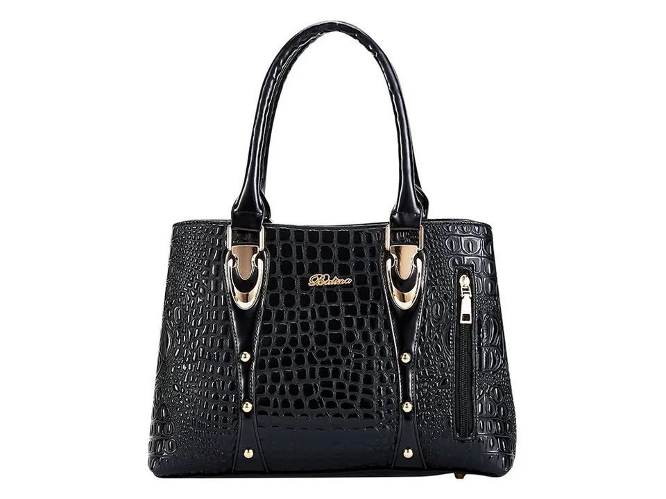 Black crocodile pattern tote bag with gold hardware and side zipper.