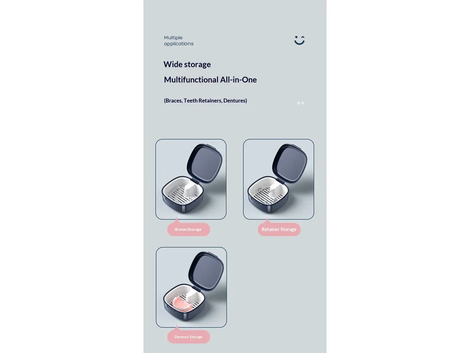 Three open retainer cases showing storage for braces, retainers, and dentures.