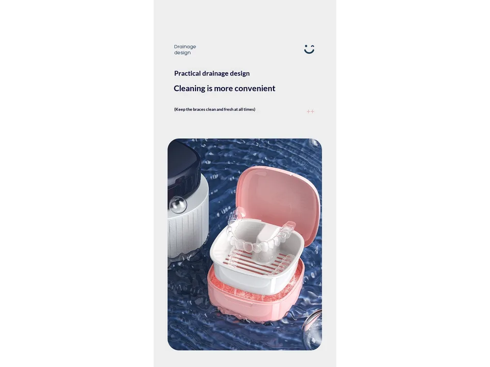 A pink retainer case open in water with a clear aligner tray inside.