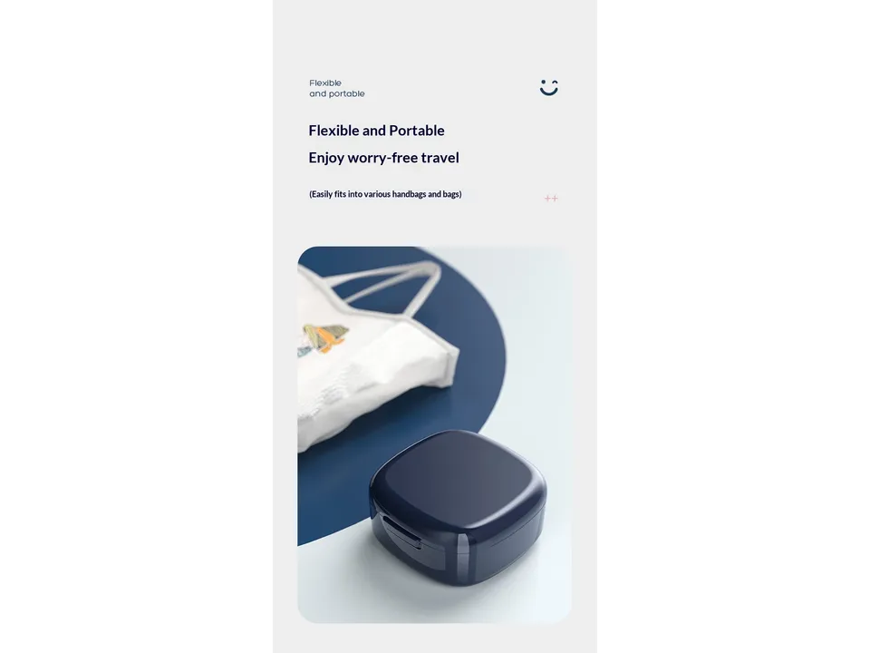 A closed blue retainer case sitting next to a small white handbag.