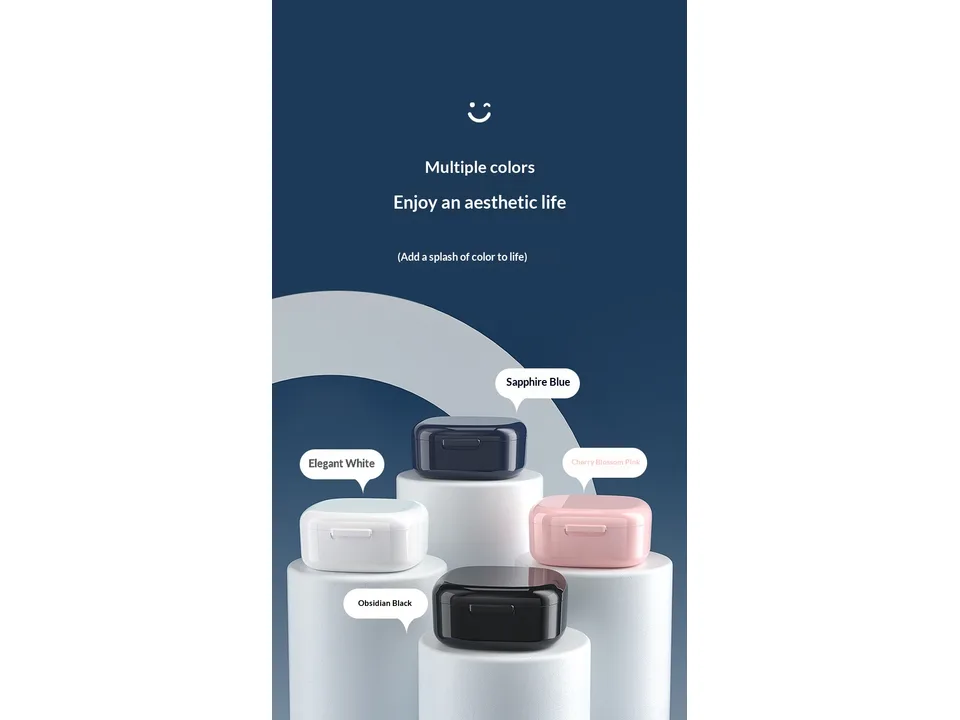 Four retainer cases in different colors: sapphire blue, elegant white, cherry blossom pink, and obsidian black.