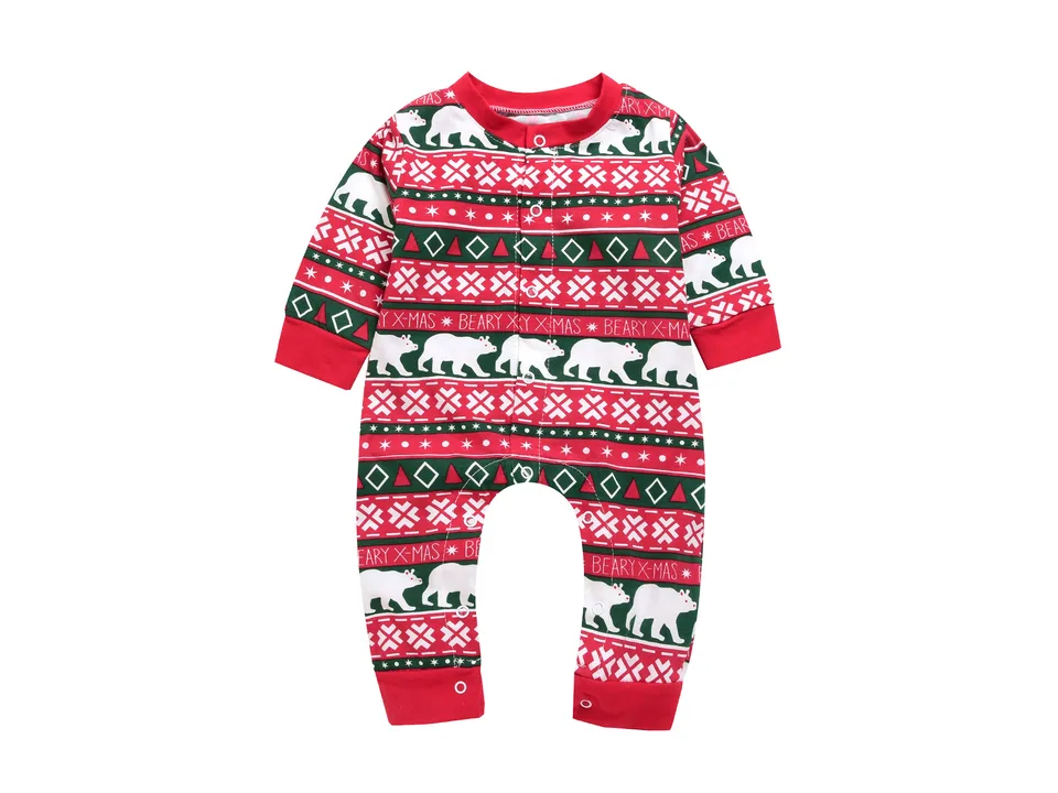 Front view of a red and green baby romper with a bear and Christmas pattern.