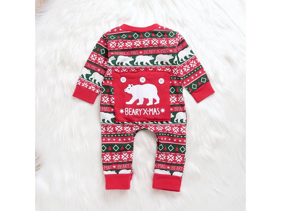 Back view of the baby romper showing a bear graphic on the seat.