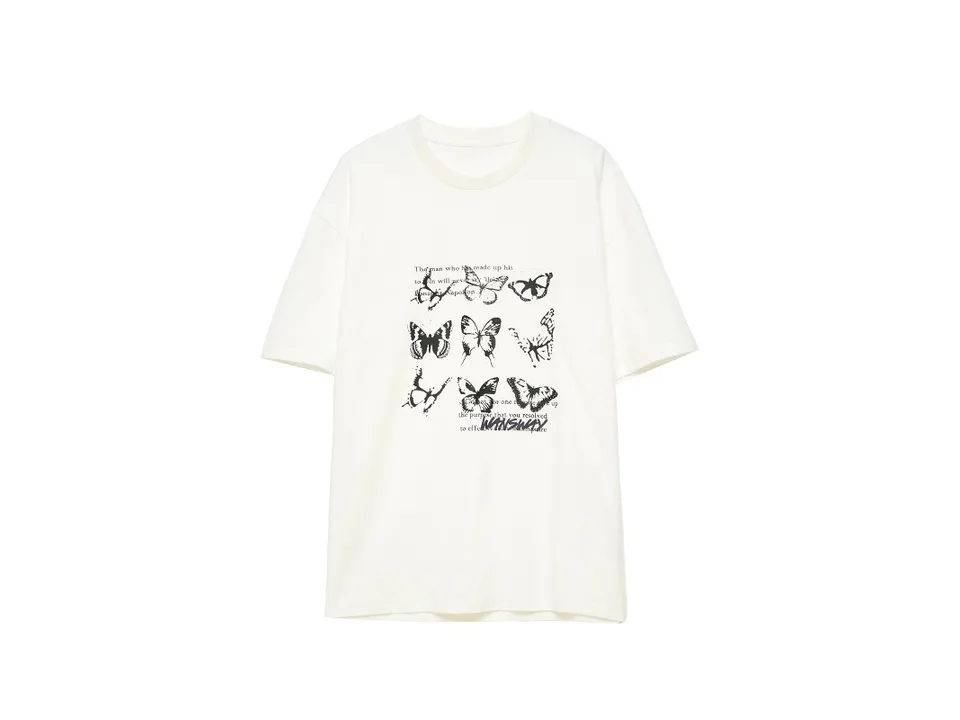 A white oversized t-shirt with a butterfly graphic print, shown flat.