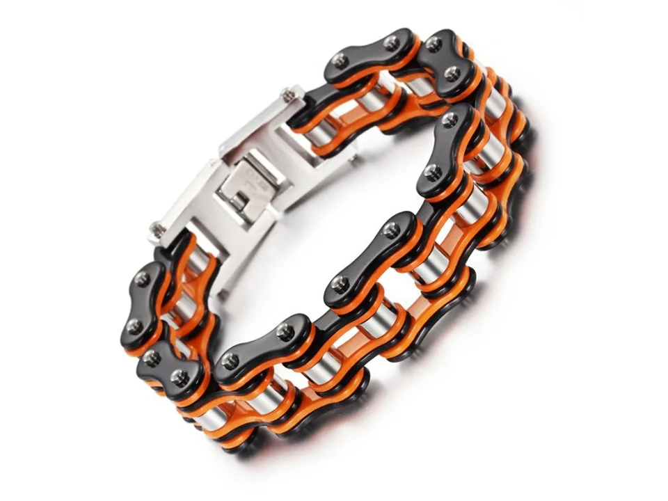 Men's motorcycle chain link bracelet with black and orange links and a silver clasp.