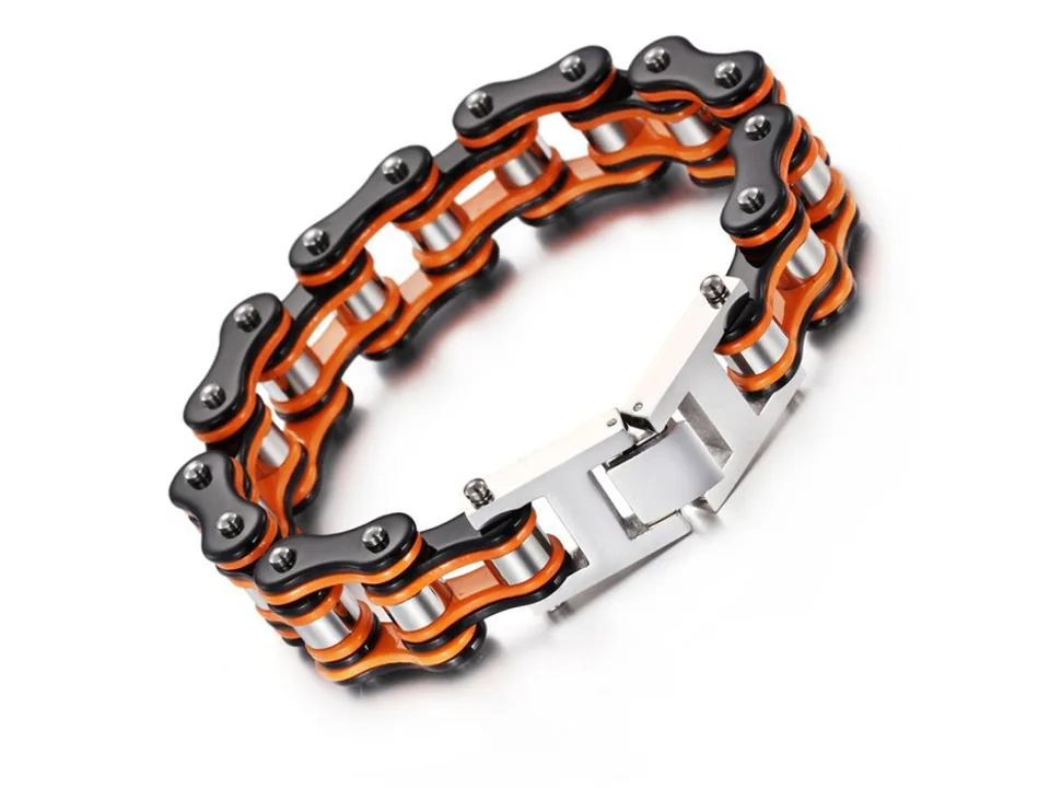 Close-up of the silver clasp on the motorcycle chain bracelet.