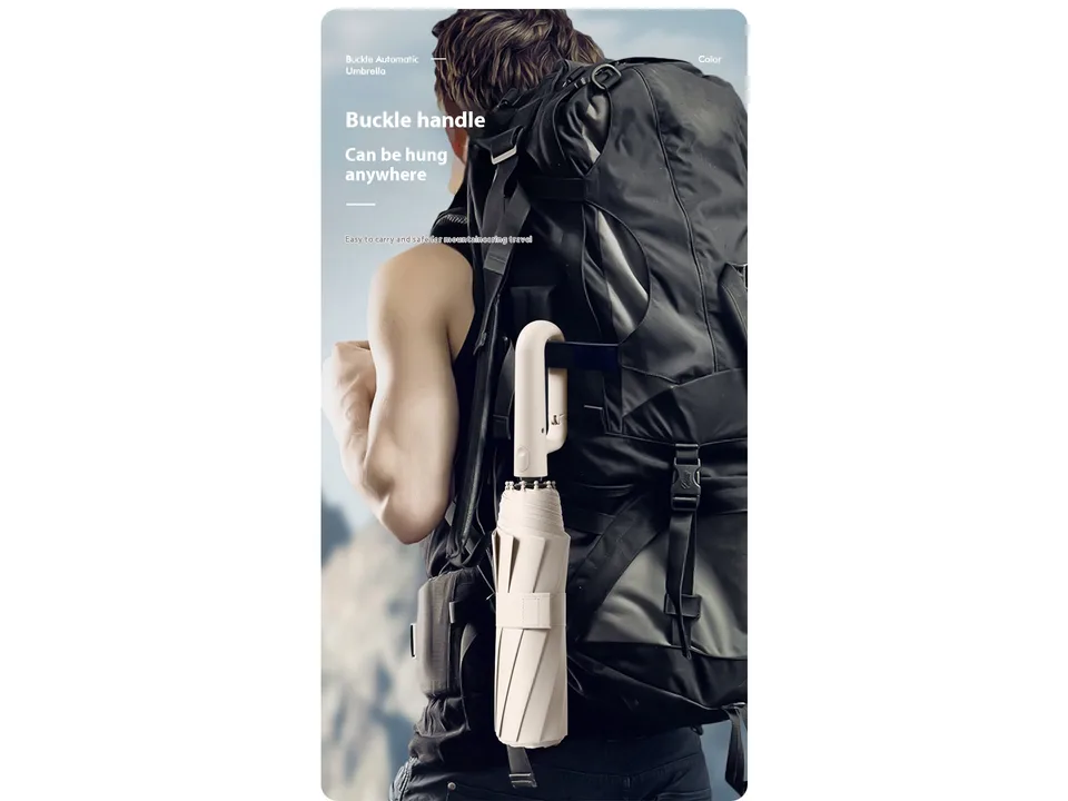 A person wearing a backpack with the umbrella clipped to the strap by its carabiner handle.