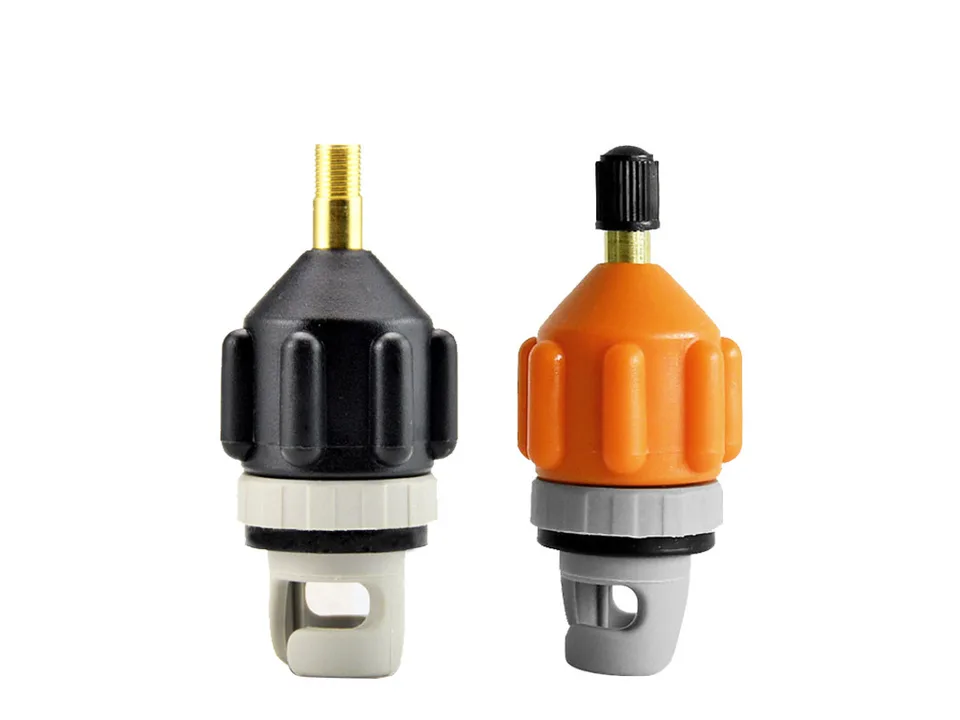 Black and orange SUP paddle board air valve adapters side by side