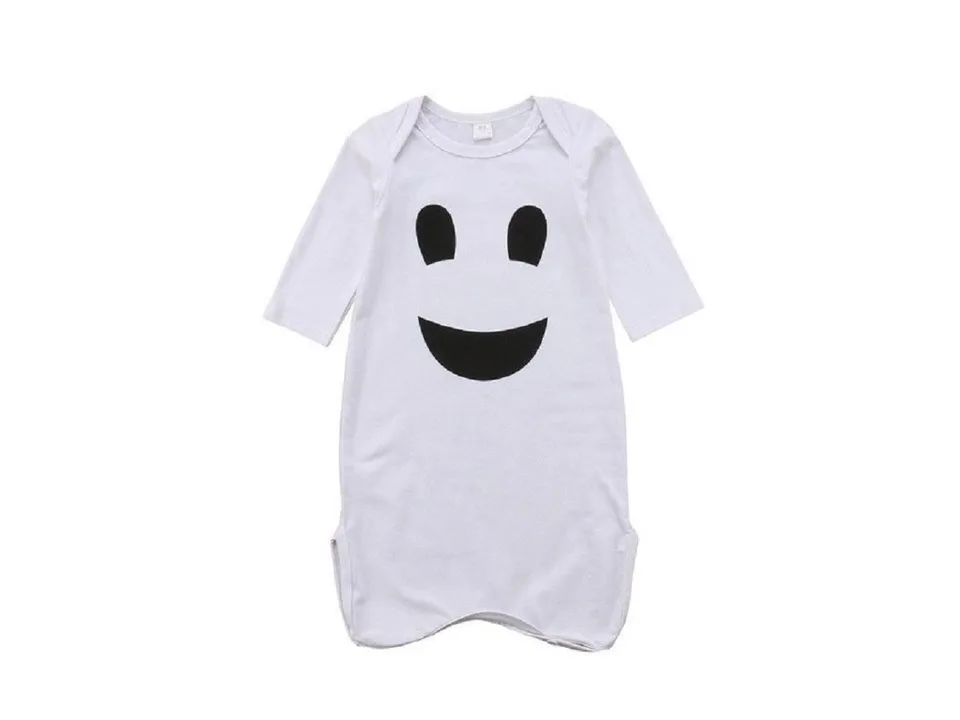 Full view of the white long-sleeve onesie with a black ghost face design.