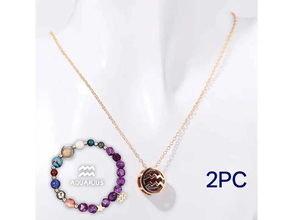 Aquarius zodiac necklace and beaded bracelet set