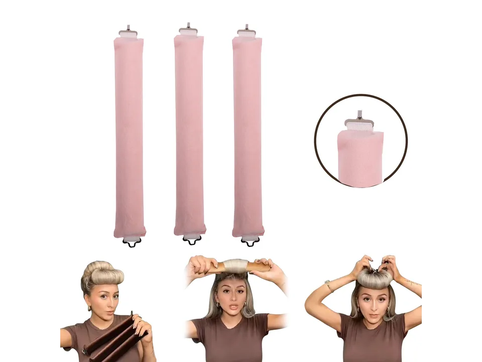 Three pink heatless hair curling rods with a close-up of the end and a woman demonstrating how to use them.