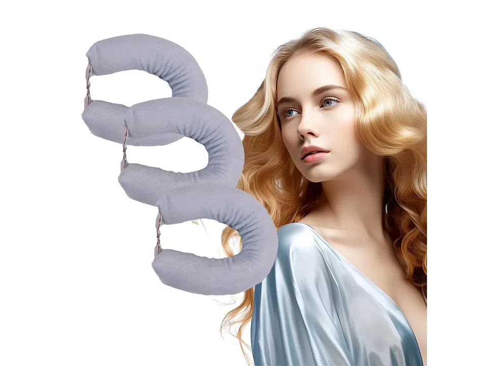 Three grey heatless hair curling rods shown next to a woman with wavy blonde hair.