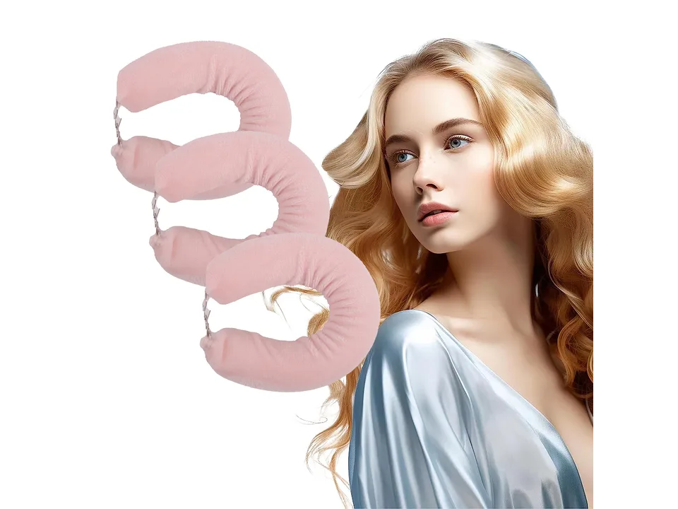 Three pink heatless hair curling rods shown next to a woman with wavy blonde hair.