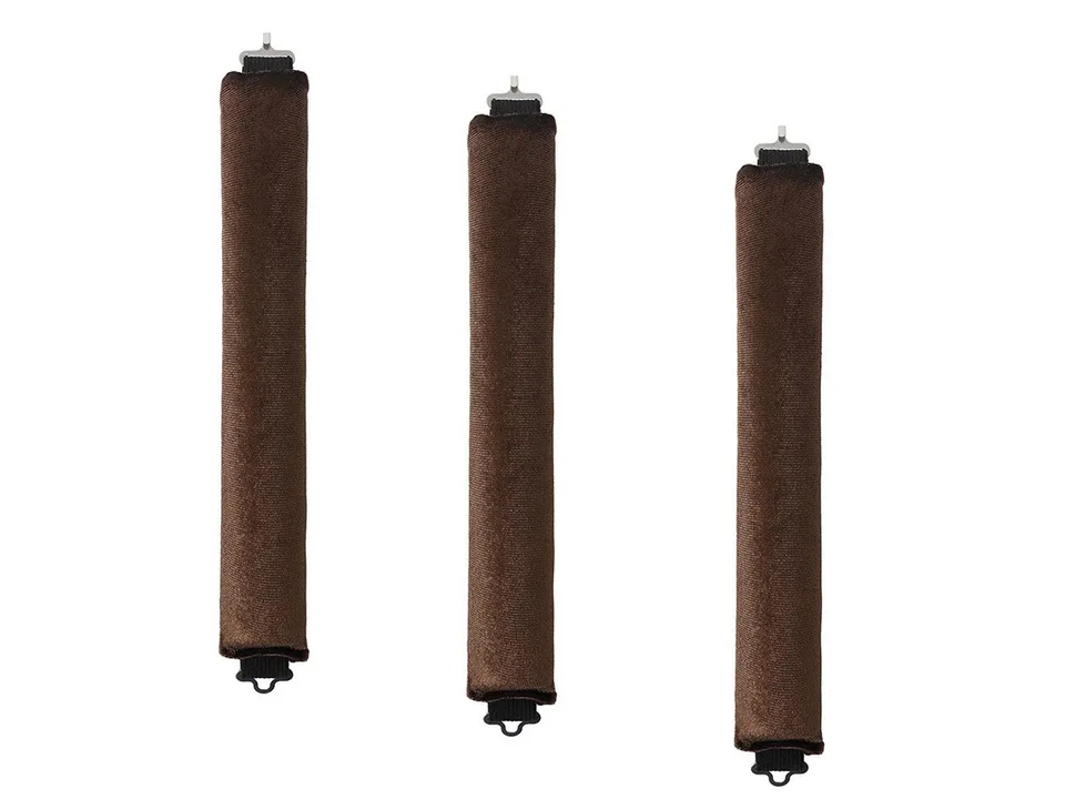 Three brown heatless hair curling rods.