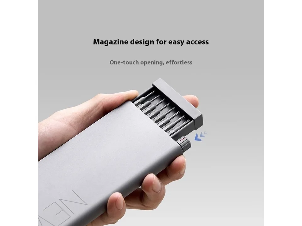 Hand opening the sliding case of the screwdriver set.
