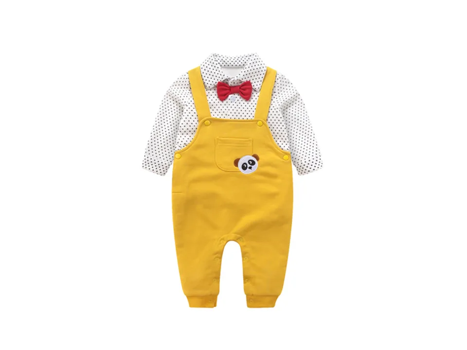 A yellow baby romper with a white polka dot shirt collar and a red bow tie, featuring a small panda pocket.