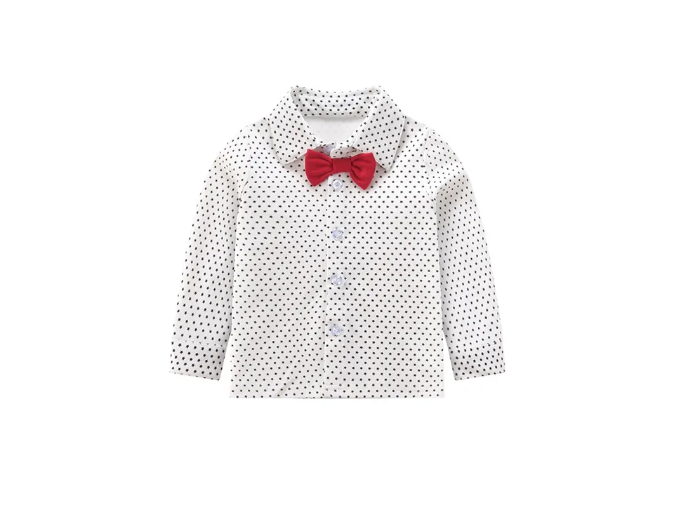 The white polka dot shirt with a red bow tie, shown separately.