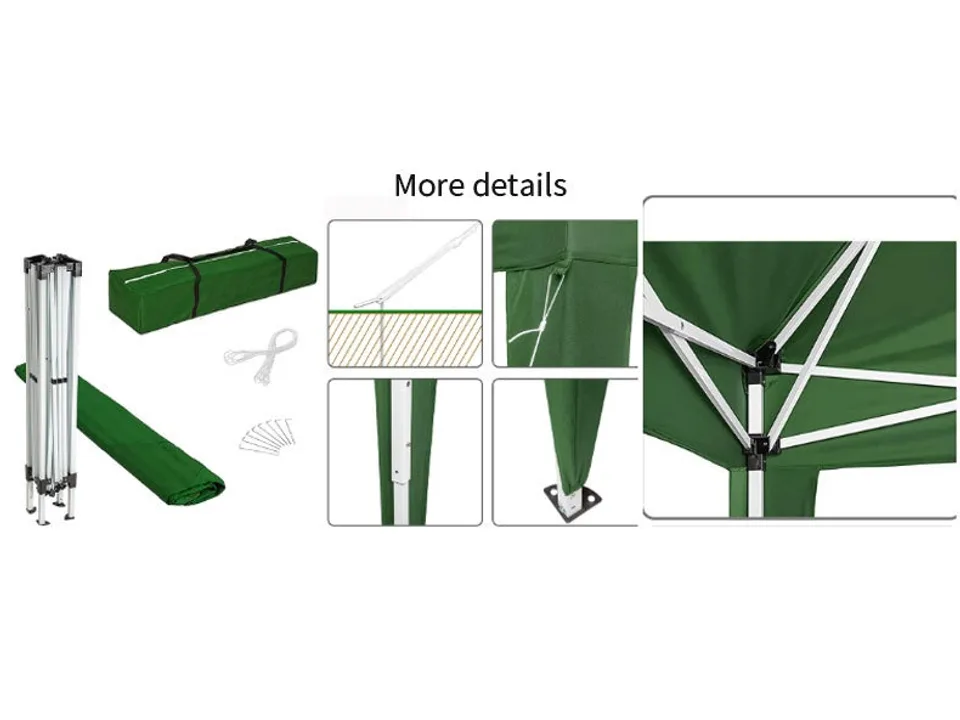 Folding canopy tent frame, storage bag, and close-up views of assembly parts and joints.
