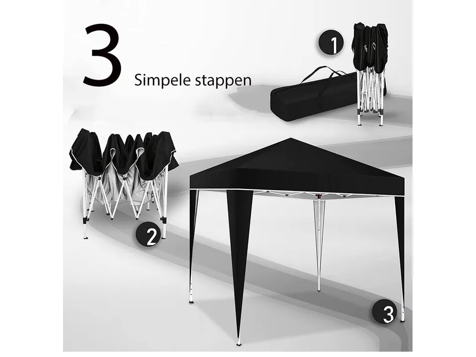 Three simple steps showing the folding canopy tent being set up.