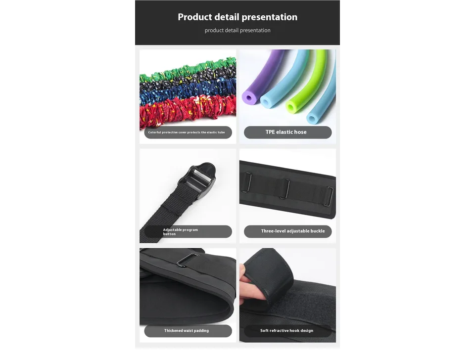 Collage showing close-ups of the resistance bands, waist belt, and buckles.