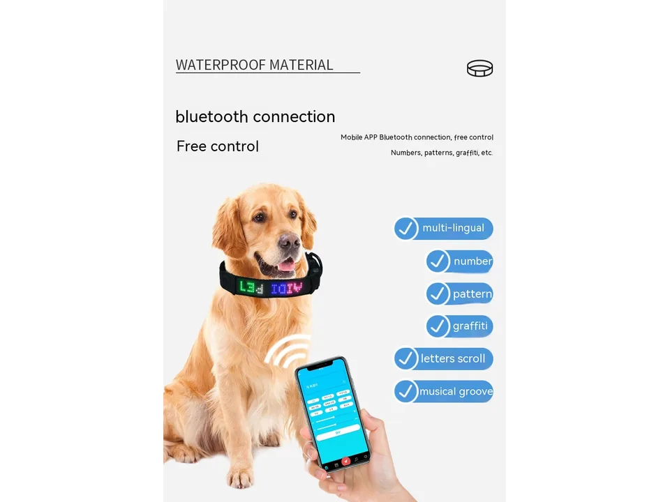 Smart LED dog collar with a smartphone app interface showing customization options
