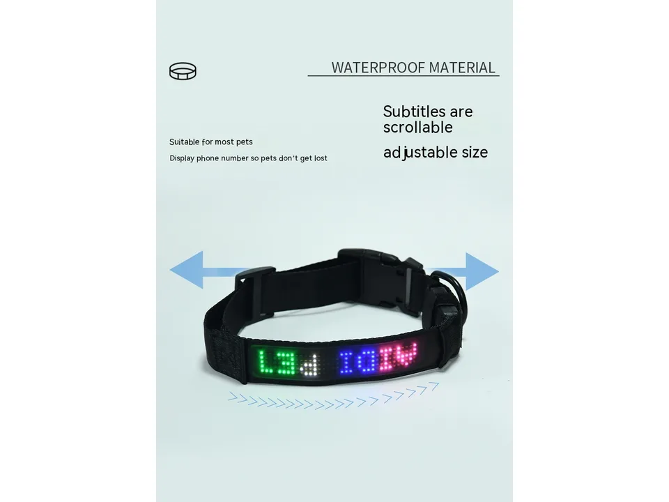 Smart LED dog collar with arrows indicating adjustable size