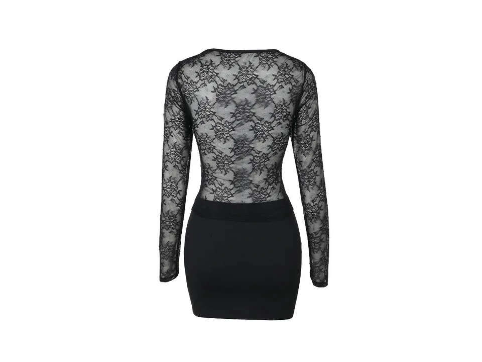 Back view of the black lace long sleeve top and mini skirt set.