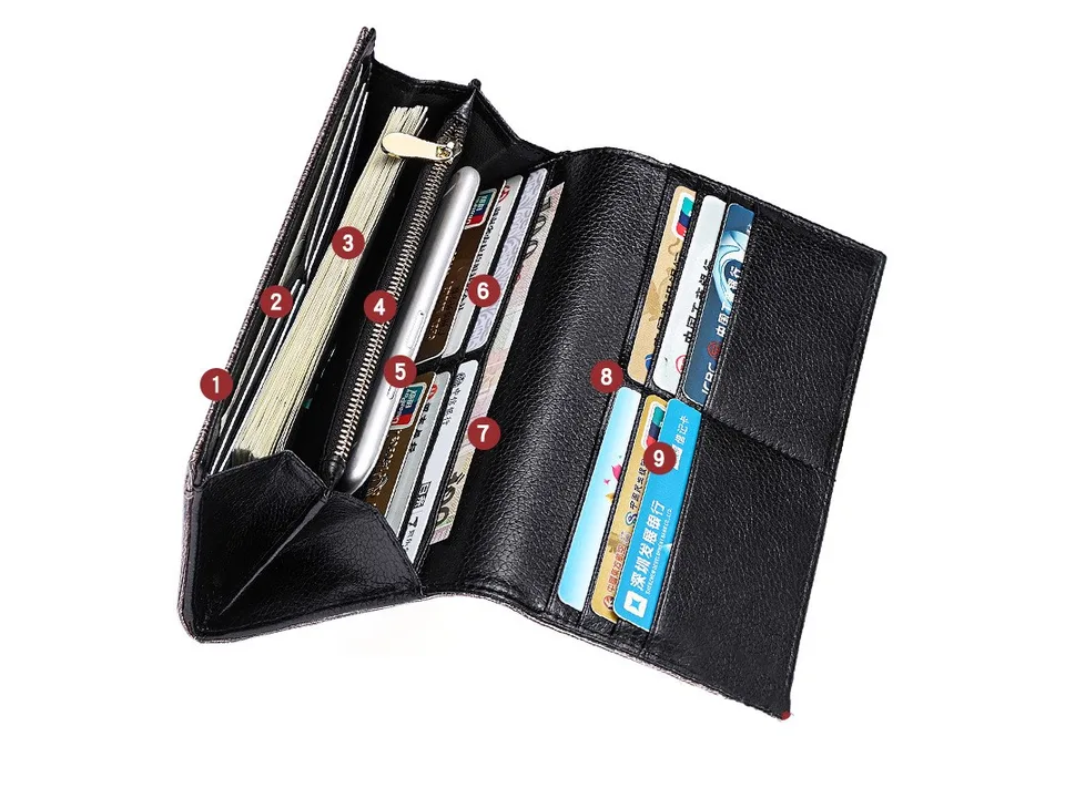 Open wallet showing multiple card slots, a zippered compartment, and space for cash.