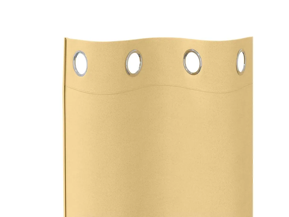 Close-up of the top of the yellow curtain showing the metal grommets.