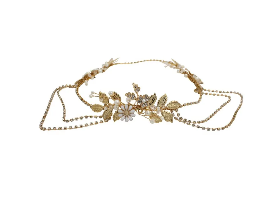 Gold bridal chain headband with white floral accents and rhinestone drapes on a white background.