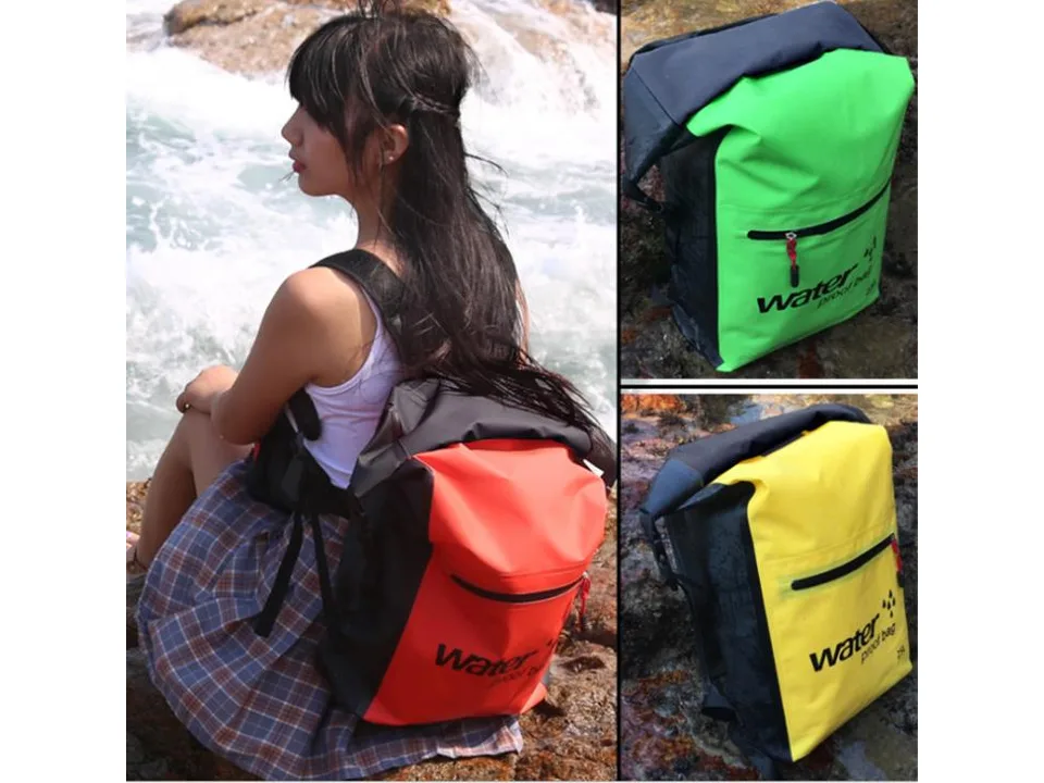 A woman wearing a red waterproof backpack, with a green and a yellow backpack shown separately.