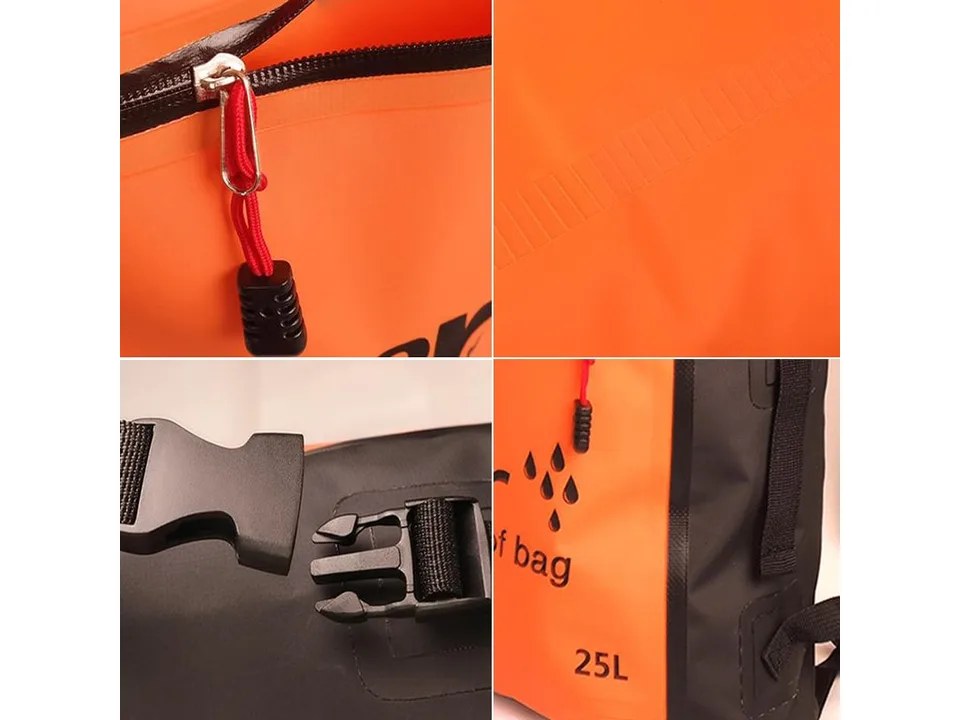 Collage showing close-ups of the backpack's zipper, material texture, and buckle closure.