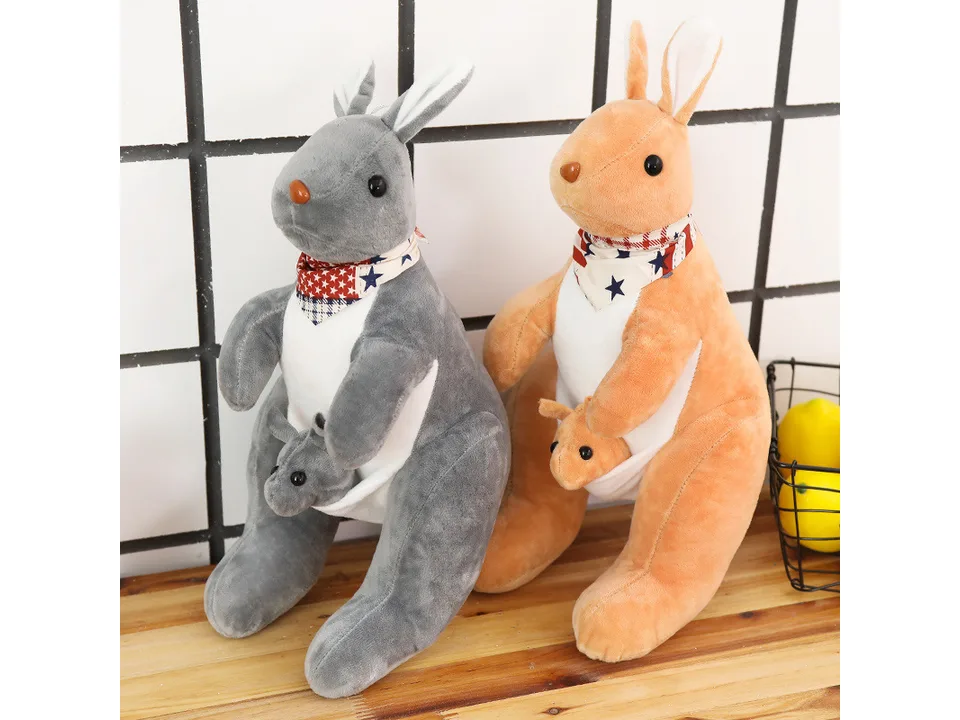 Grey and orange mother and joey kangaroo plush toys side by side