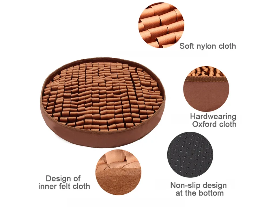 Close-up details of the sniffing mat materials including nylon, Oxford cloth, felt, and non-slip base.