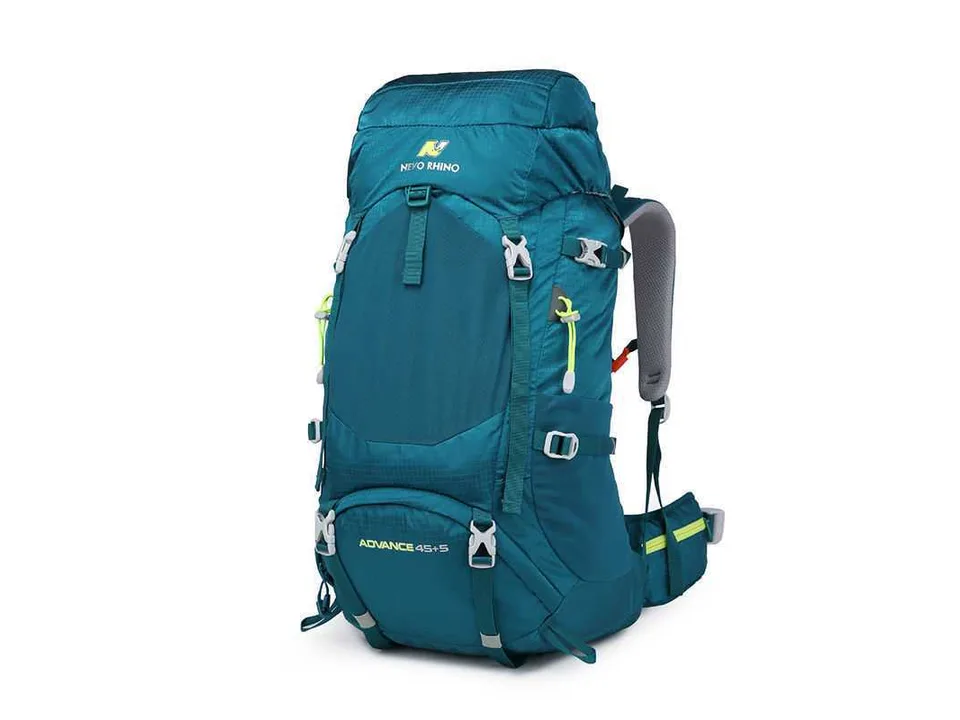 Teal Nevo Rhino 45+5L mountaineering backpack, side view.