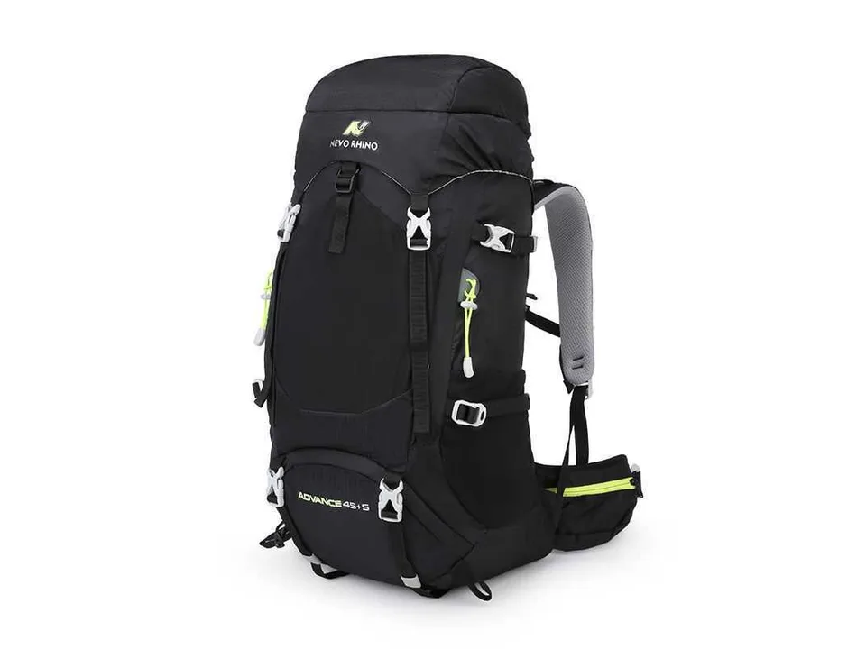 Black Nevo Rhino 45+5L mountaineering backpack, side view.
