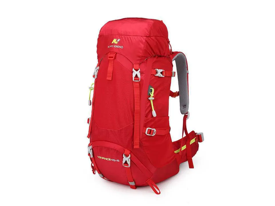 Red Nevo Rhino 45+5L mountaineering backpack, side view.
