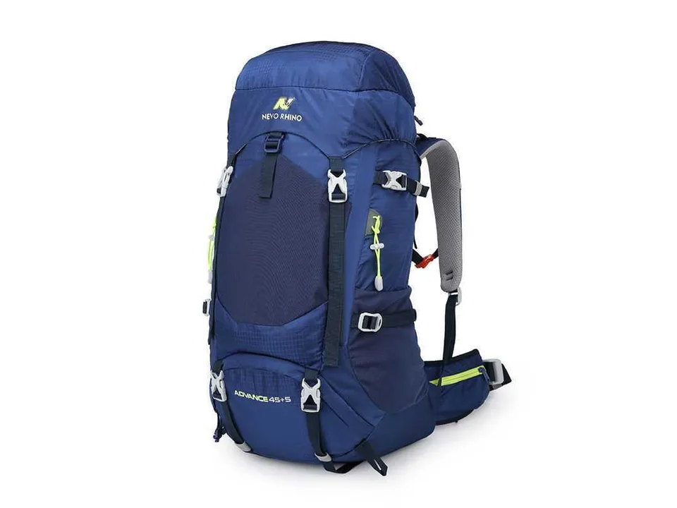 Blue Nevo Rhino 45+5L mountaineering backpack, side view.